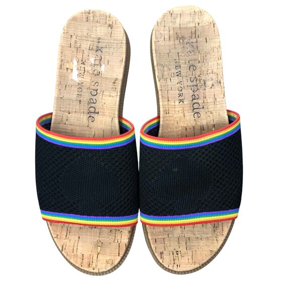 Kate Spade Sandals Slip-On Rainbow Trim Womens Size 7 Black Cork Sole - Picture 1 of 10